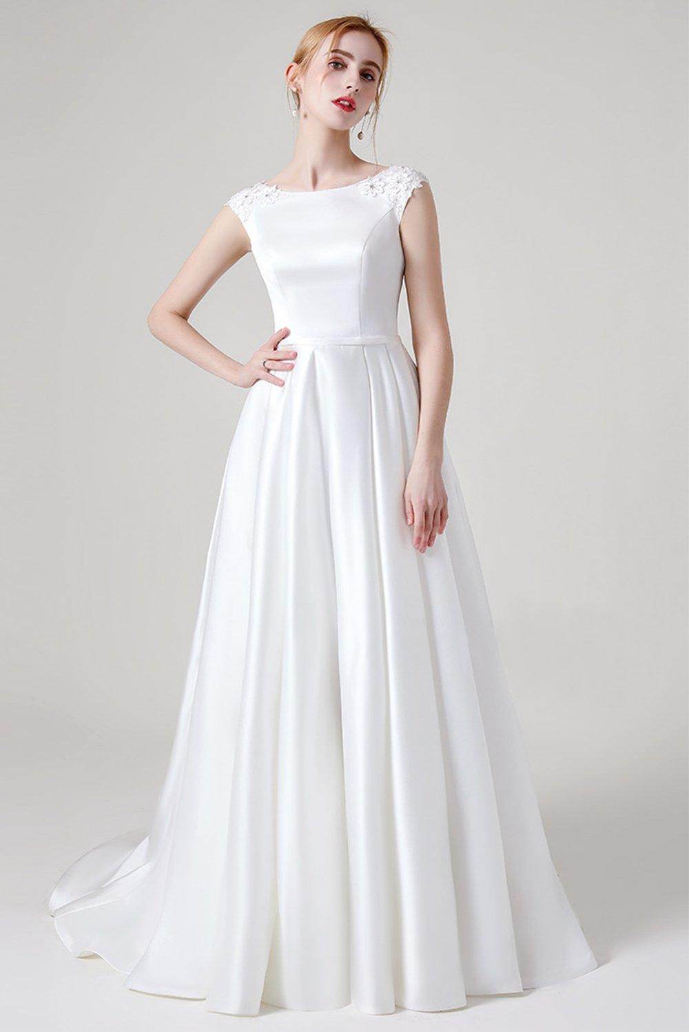 A-Line Sweep-Brush Train Satin Wedding Dress CW2959CR - COCOMELODY